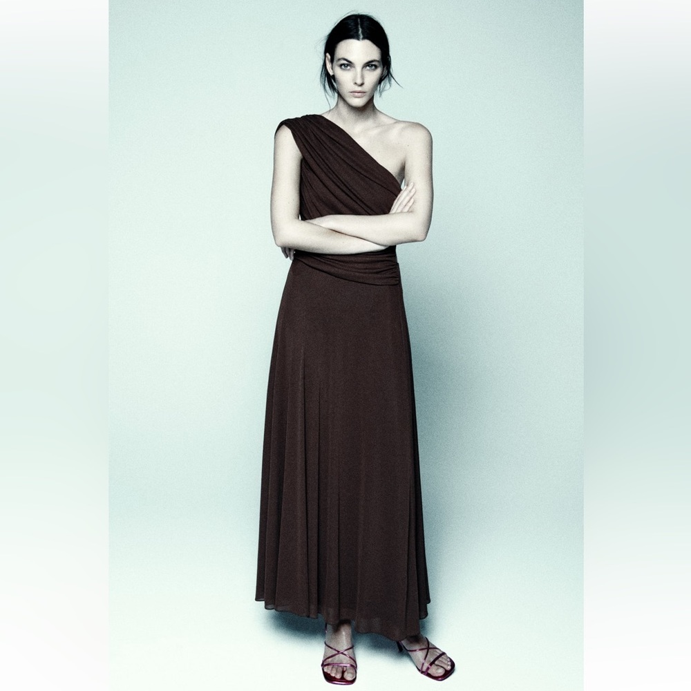 Zara DRAPED ASYMMETRIC DRESS. Brown. Size S. New with Tags.